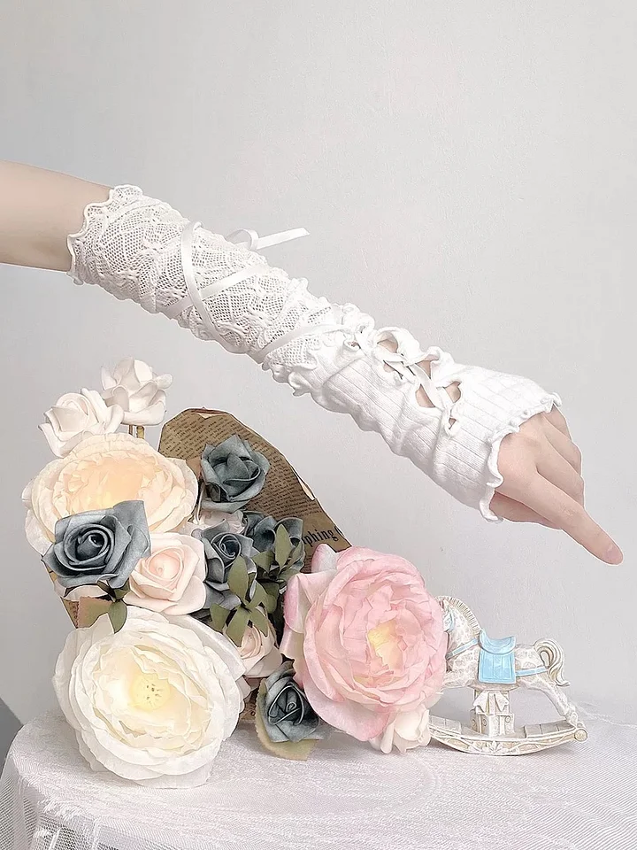 Lolita Hand Accessories White Lace Tie Hand-sleeves Sweet Gothic Straps Gloves