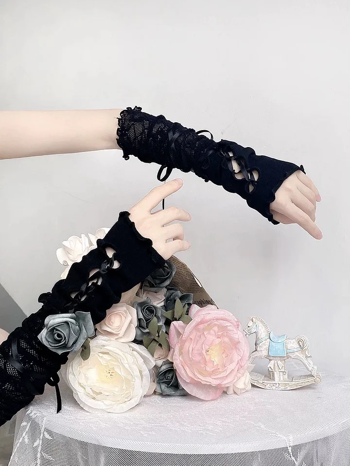 Lolita Hand Accessories White Lace Tie Hand-sleeves Sweet Gothic Straps Gloves