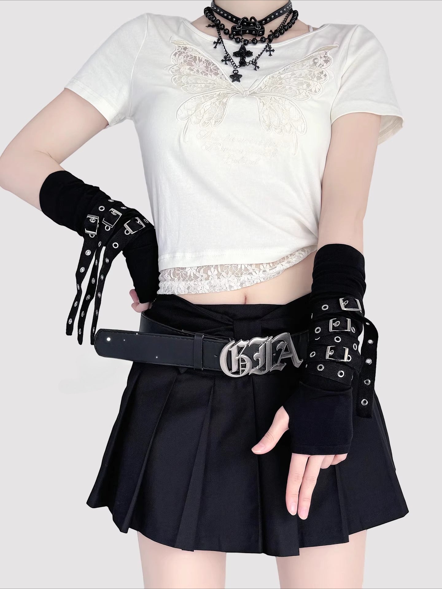 Design Concept:
Inspired by the rebellious fusion of punk and Y2K subcultures, these arm sleeves exude edgy allure. Crafted from sheer mesh with strategic strap details and bold buckle accents, they blend provocative style with lightweight comfort. Perfect for concerts, cosplay events, or streetwear statements, they add instant attitude to goth, JK, or cyberpunk outfits, celebrating dark glamour and individual expression.