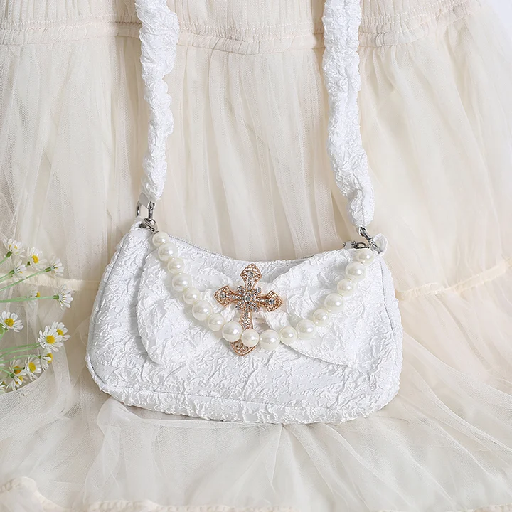 Lolita Handbag Cute White Black Cross French Fashion Textured Shoulder Bag Lolita Accessories