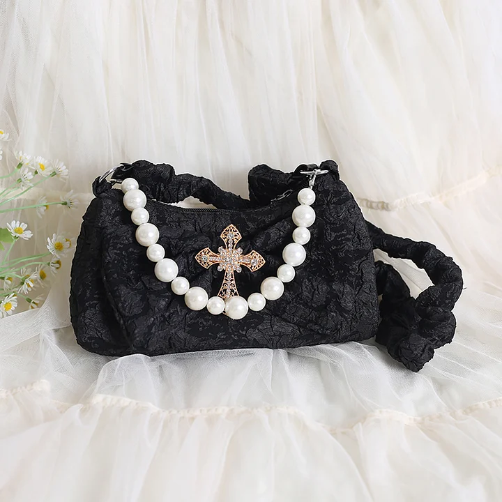 Lolita Handbag Cute White Black Cross French Fashion Textured Shoulder Bag Lolita Accessories