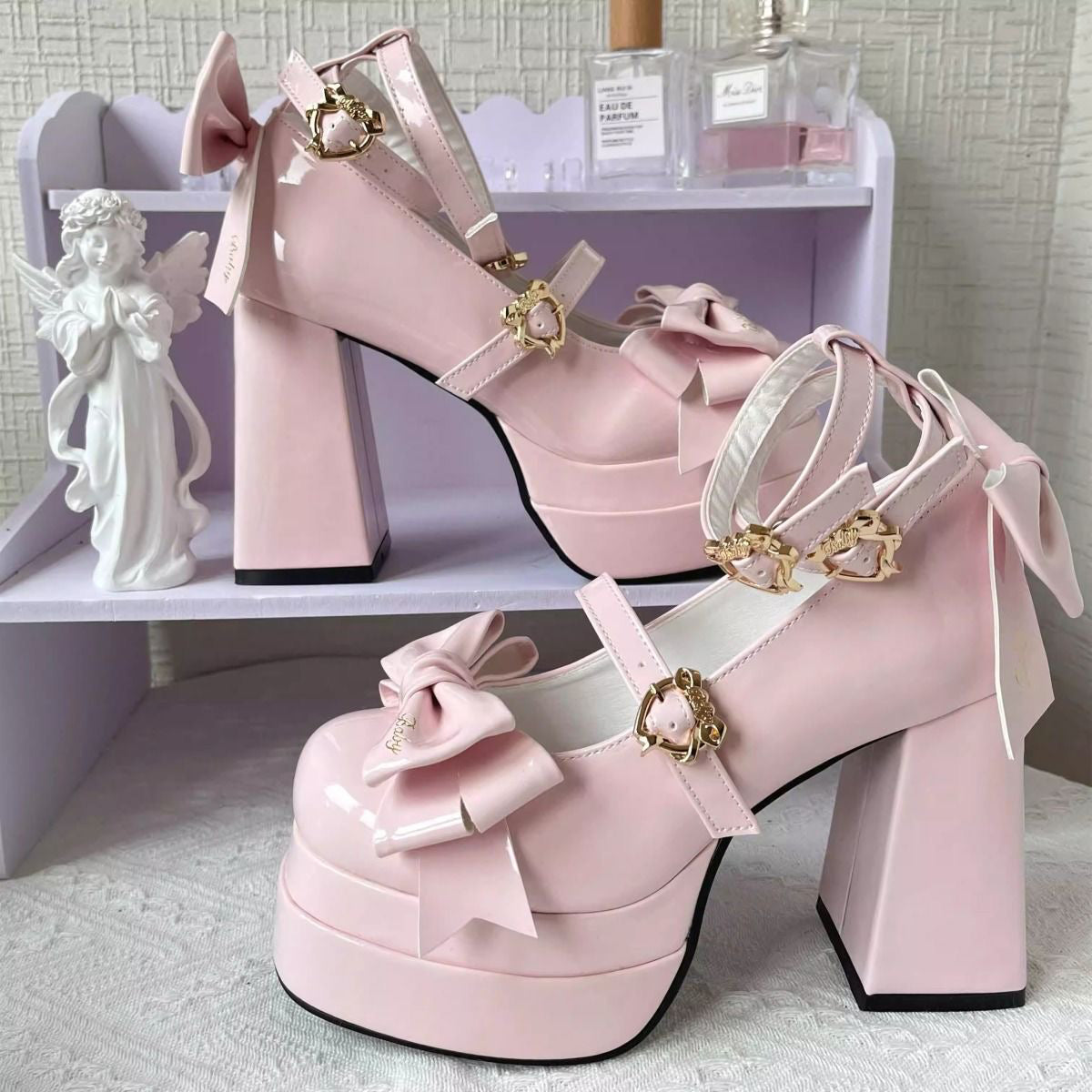 Lolita High Heels Women's Lo Shoes Cute Bow Round Head Thick Heel Single Shoes