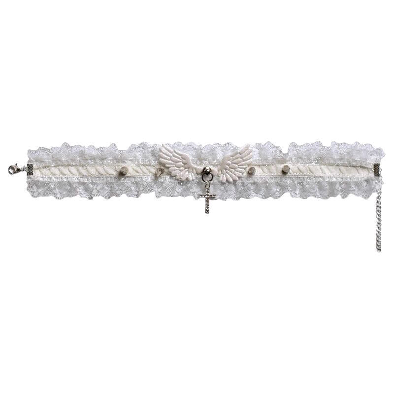 This Lolita Cyberpunk Gothic Choker Necklace fuses edgy punk style with vintage Lolita elegance. Designed with delicate lace, bold studs, and angel wing accents, it creates a striking balance of softness and rebellion. Available in classic black and white, it is a versatile accessory to match both sweet and dark Lolita outfits. Perfect for parties, photoshoots, or themed events, this choker adds a unique cyber-gothic touch to any ensemble.