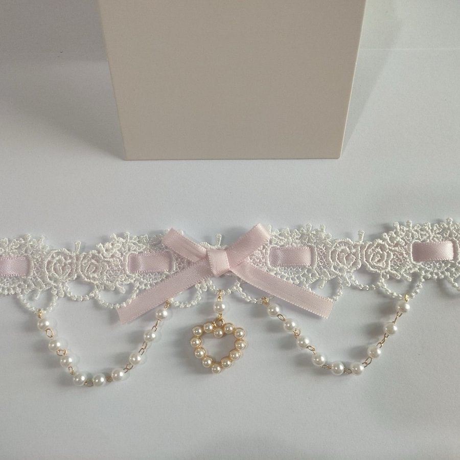 Lolita Necklace Sweet Pink with Lace Pearl Bow Choker Macaron Colors