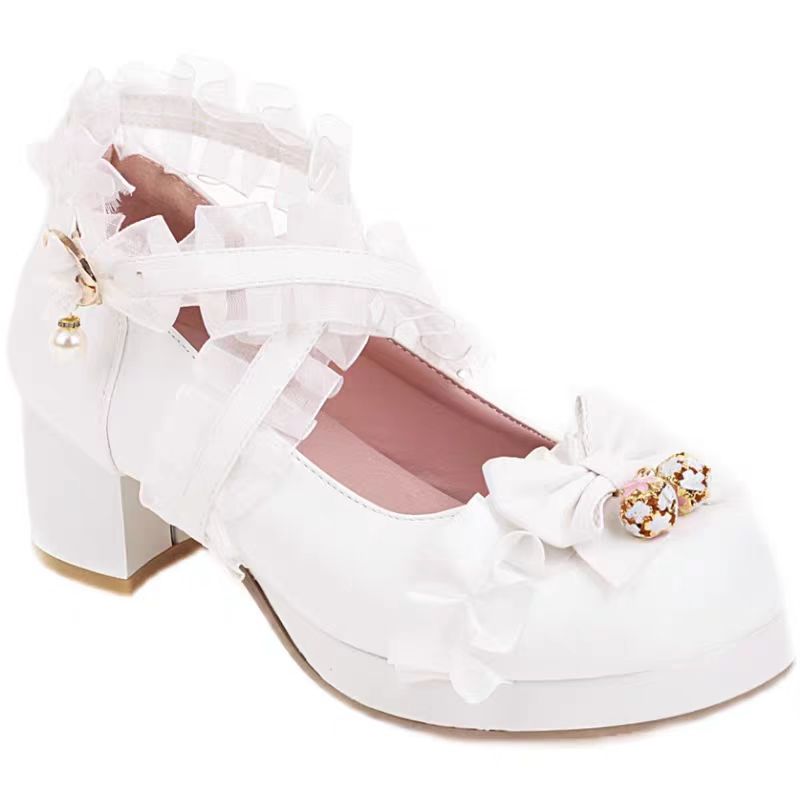"Doll's Atelier" — Inspired by the delicate craftsmanship of vintage porcelain dolls and the whimsy of patisserie desserts, these heels blend JK school classic elements with Lolita fantasy. The chunky heel provides stability for playful steps, while lace and ribbon accents evoke a storybook charm.