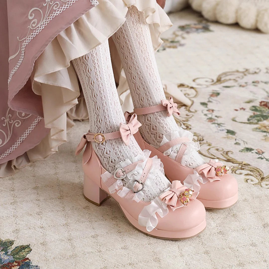 "Doll's Atelier" — Inspired by the delicate craftsmanship of vintage porcelain dolls and the whimsy of patisserie desserts, these heels blend JK school classic elements with Lolita fantasy. The chunky heel provides stability for playful steps, while lace and ribbon accents evoke a storybook charm.