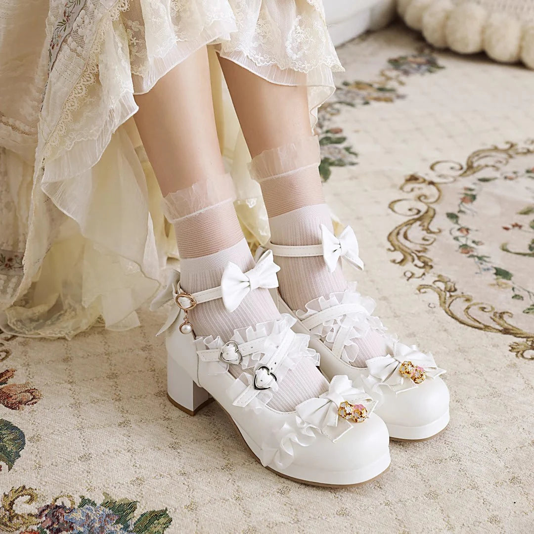 "Doll's Atelier" — Inspired by the delicate craftsmanship of vintage porcelain dolls and the whimsy of patisserie desserts, these heels blend JK school classic elements with Lolita fantasy. The chunky heel provides stability for playful steps, while lace and ribbon accents evoke a storybook charm.