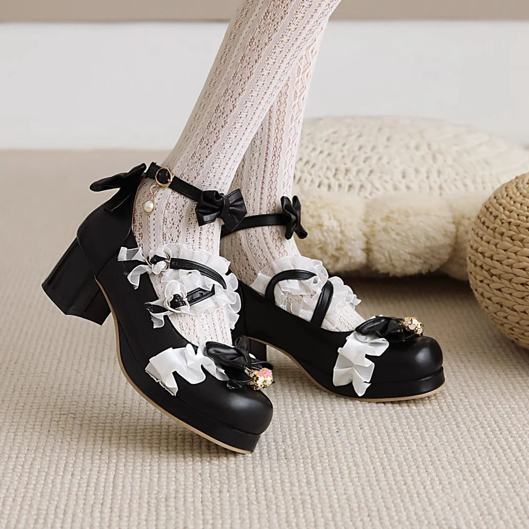 "Doll's Atelier" — Inspired by the delicate craftsmanship of vintage porcelain dolls and the whimsy of patisserie desserts, these heels blend JK school classic elements with Lolita fantasy. The chunky heel provides stability for playful steps, while lace and ribbon accents evoke a storybook charm.