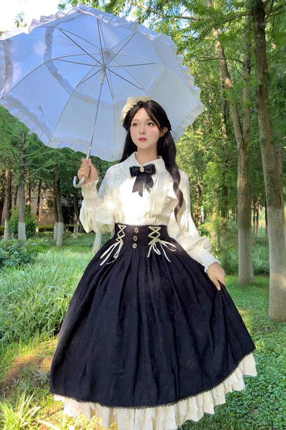 This Lolita high-waist skirt features a vintage CLA-inspired court style, combining elegance with classic Lolita charm. The structured silhouette and refined tailoring create a graceful look, perfect for layering with blouses or wearing as a statement piece. Designed in black, it adds sophistication and versatility to any Lolita wardrobe.