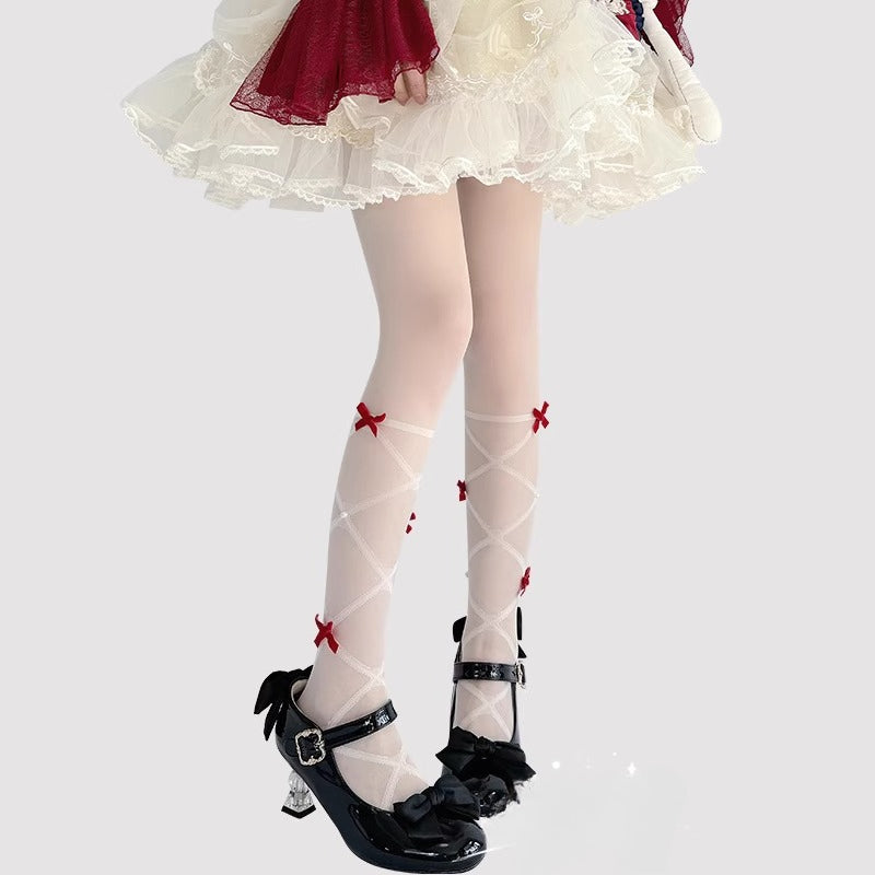 Inspired by the delicate elegance of Lolita fashion, these tights combine fantasy and function. Adorned with dainty pearl details and a charming bow accent, they embody romantic innocence. Crafted with lightweight, snag-resistant fabric for summer comfort, they offer both durability and dreamy aesthetics. Perfect for completing a sweet Lolita coordinate while ensuring graceful movement all day.