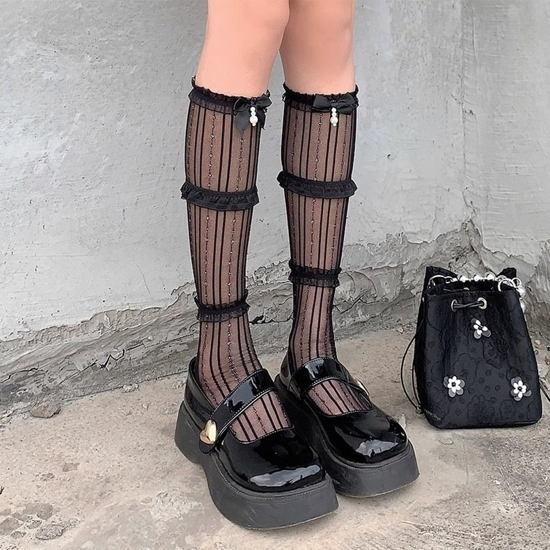 Lolita Stockings Ballet Style White Black Lace Calf Socks Bow Lolita Accessories
