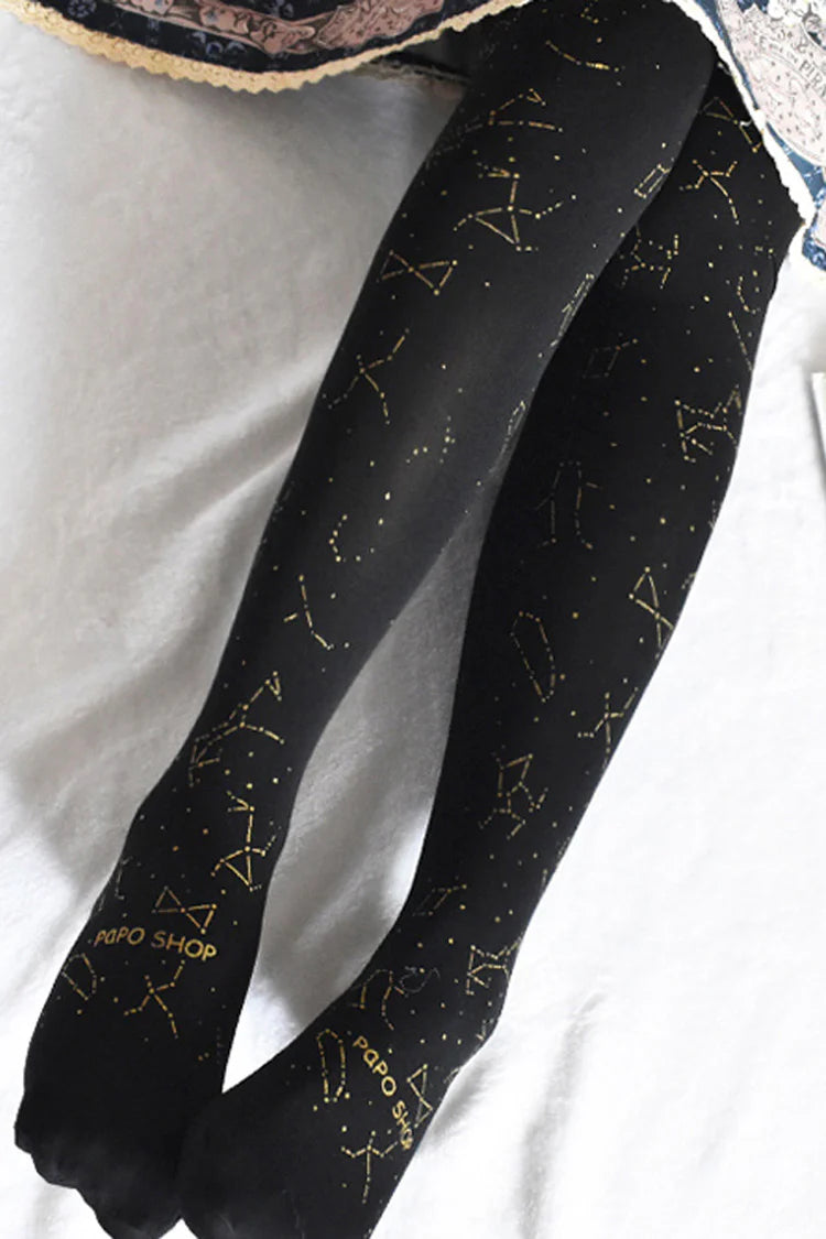 Inspired by the mysteries of the night sky, these classic Lolita tights blend celestial elegance with timeless charm. The intricate constellation print, adorned with subtle bronzing details, evokes a dreamy yet sophisticated atmosphere. Designed to complement both Gothic and Classic Lolita coordinates, these tights add a touch of celestial magic to any ensemble. Crafted for elegance and storytelling, they transform your look into a wearable work of art, perfect for enchanting evenings and poetic adventures.