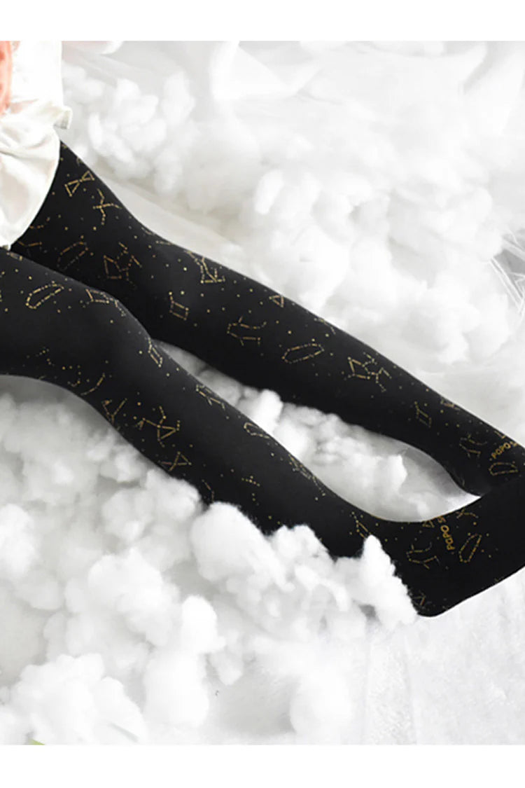 Inspired by the mysteries of the night sky, these classic Lolita tights blend celestial elegance with timeless charm. The intricate constellation print, adorned with subtle bronzing details, evokes a dreamy yet sophisticated atmosphere. Designed to complement both Gothic and Classic Lolita coordinates, these tights add a touch of celestial magic to any ensemble. Crafted for elegance and storytelling, they transform your look into a wearable work of art, perfect for enchanting evenings and poetic adventures.