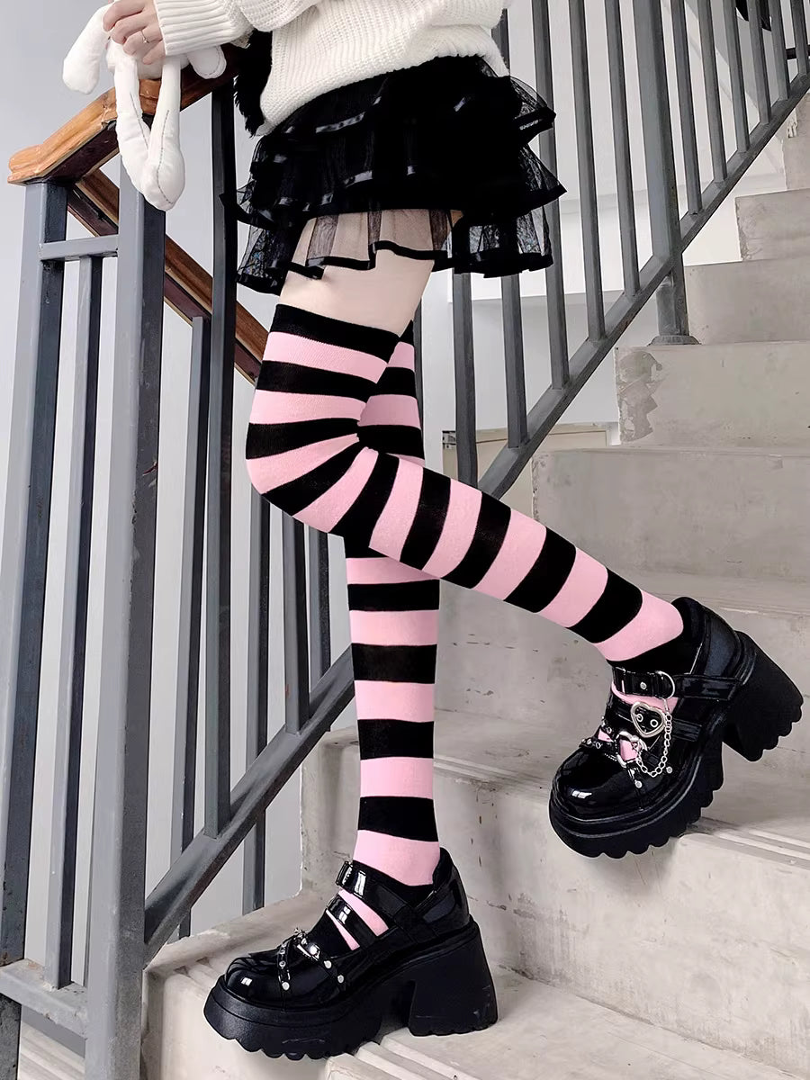 Lolita Stockings Black Grey Stripe Thigh High Socks Y2K Dark Punk JK Over Knee Stockings