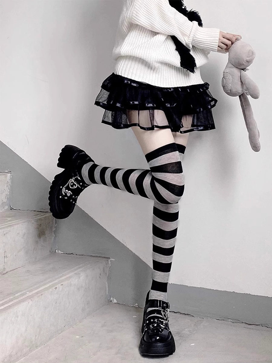 Lolita Stockings Black Grey Stripe Thigh High Socks Y2K Dark Punk JK Over Knee Stockings