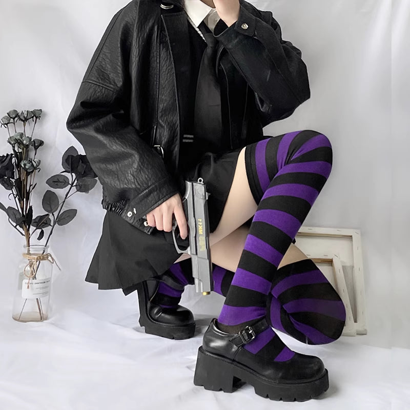 Lolita Stockings Black Grey Stripe Thigh High Socks Y2K Dark Punk JK Over Knee Stockings