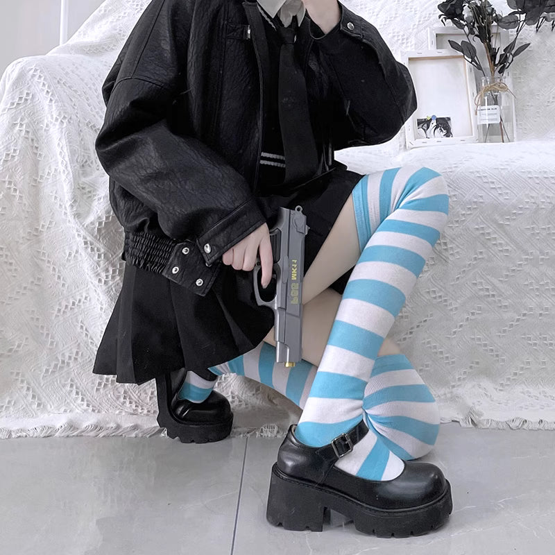 Lolita Stockings Black Grey Stripe Thigh High Socks Y2K Dark Punk JK Over Knee Stockings