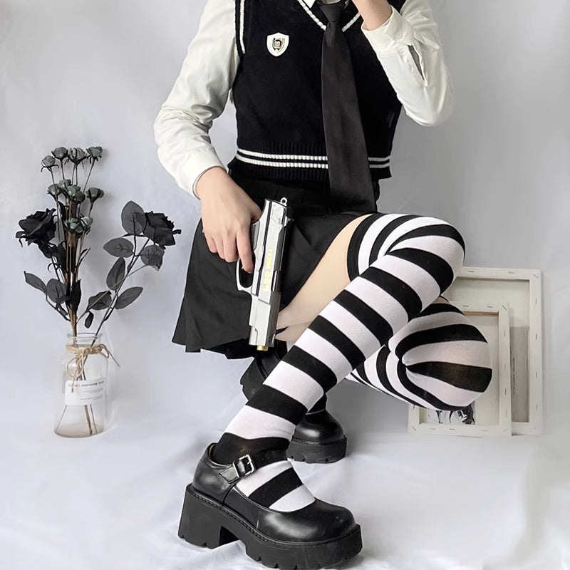 Lolita Stockings Black Grey Stripe Thigh High Socks Y2K Dark Punk JK Over Knee Stockings
