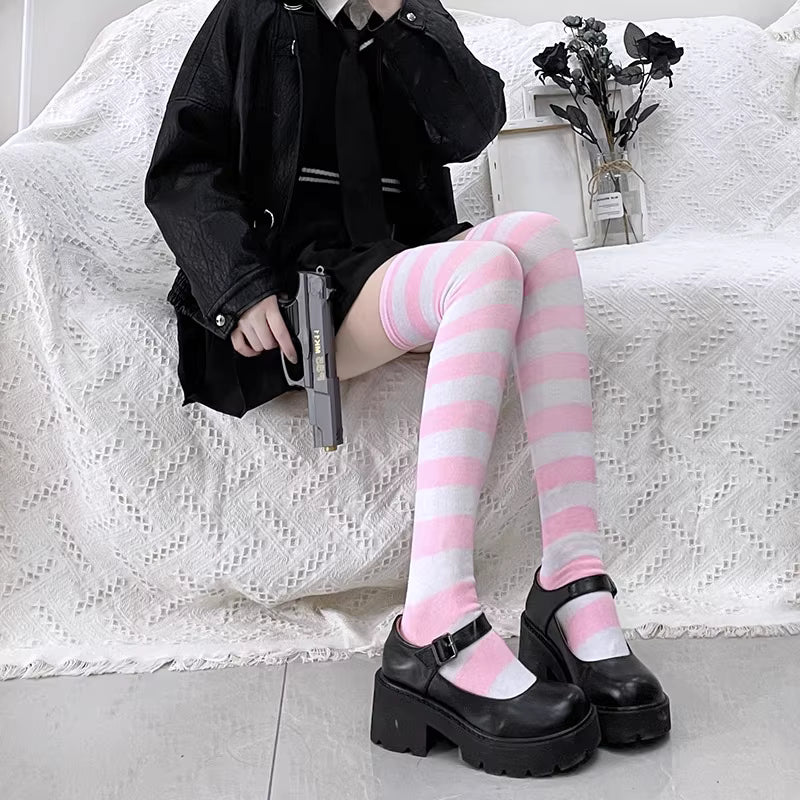 Lolita Stockings Black Grey Stripe Thigh High Socks Y2K Dark Punk JK Over Knee Stockings