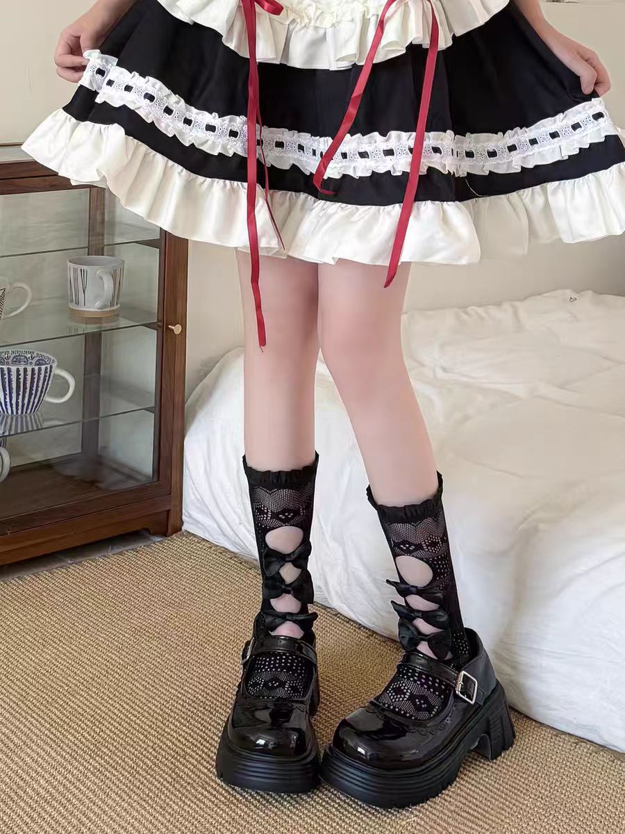 Lolita Stockings Black White Lace Socks Sheer Bow Mid Calf Stacked Socks Kawaii Ankle Socks