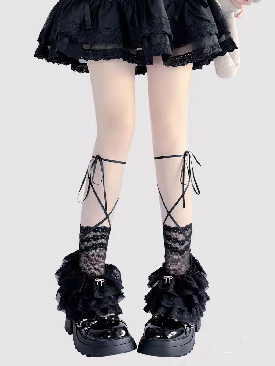 Lolita Stockings Black White Pink Y2K Sheer Lace Leg Warmers Cute Ribbon Tie Stacked Socks JK