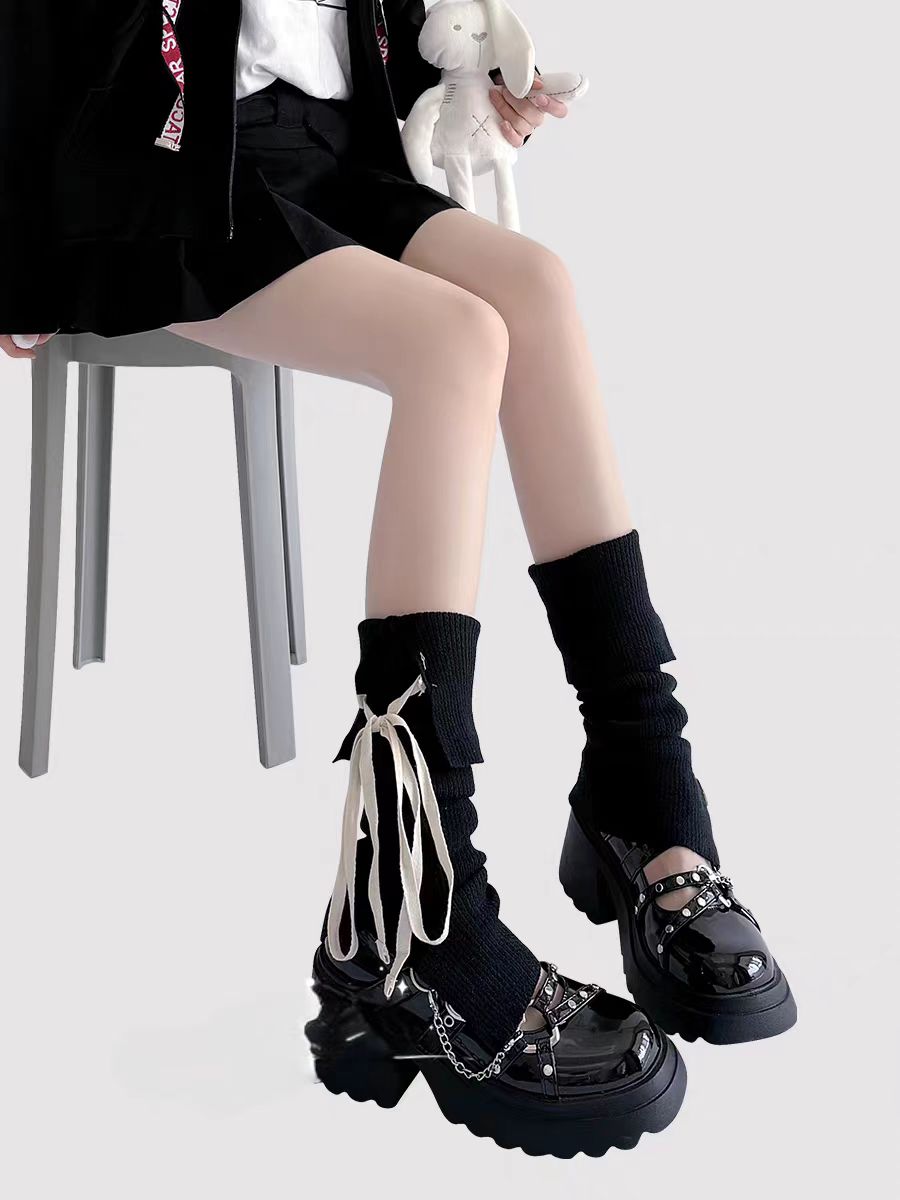 Lolita Stockings Pink Black White Ballet Leg Warmers Sheer Layered Socks Mid Cuff Ribbon Ties Slim