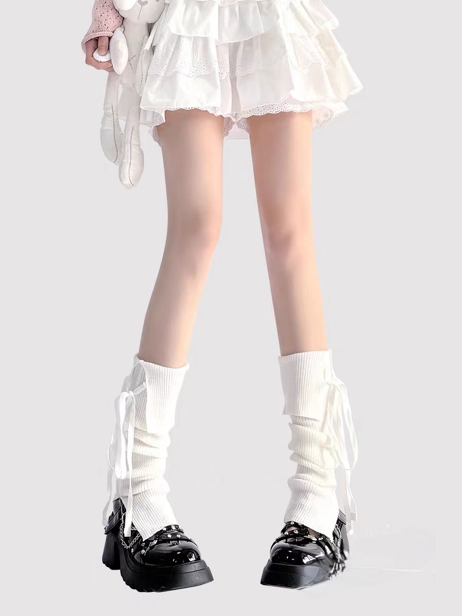 Lolita Stockings Pink Black White Ballet Leg Warmers Sheer Layered Socks Mid Cuff Ribbon Ties Slim