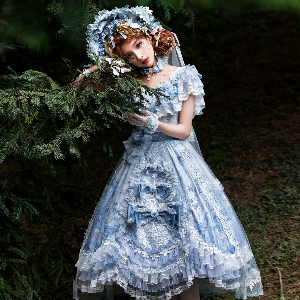 Tea Party Fashion Hime Lolita Flower Gorgeous Lolita Print Satin JSK Set Blue Purple Lolita Dress