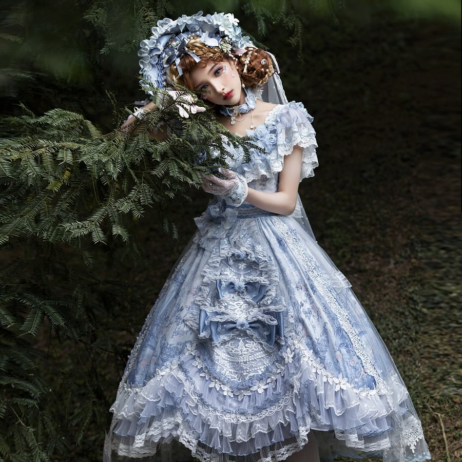 Tea Party Fashion Hime Lolita Flower Gorgeous Lolita Print Satin JSK Set Blue Purple Lolita Dress