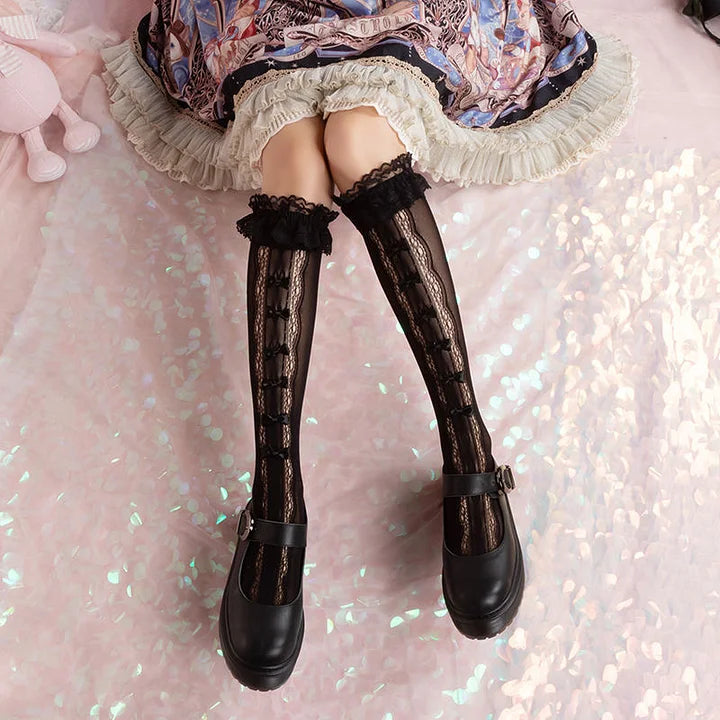 Lolita Stockings White Bow Lace Lolita Socks High Over Knee Cute Spring Summer Thin Lolita Accessories