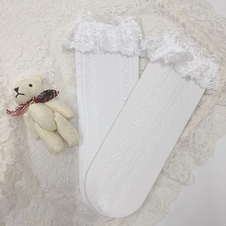 Lolita Stockings White Bow Lace Lolita Socks High Over Knee Cute Spring Summer Thin Lolita Accessories