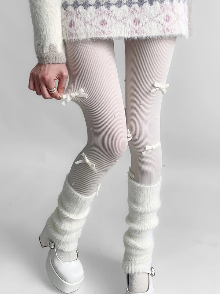 Lolita Stockings White Lace Bow Decoration Cute Japanese Pearl Pantyhose Knee Socks Lolita Lolita Accessories