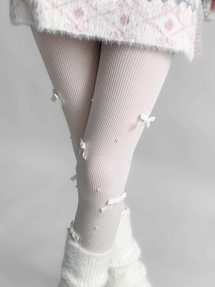 Lolita Stockings White Lace Bow Decoration Cute Japanese Pearl Pantyhose Knee Socks Lolita Lolita Accessories
