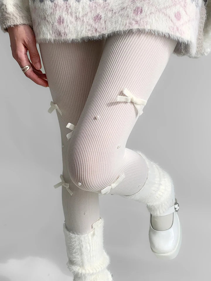 Lolita Stockings White Lace Bow Decoration Cute Japanese Pearl Pantyhose Knee Socks Lolita Lolita Accessories