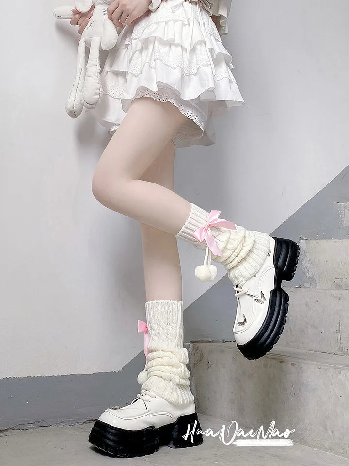 Lolita Stockings White Japanese Leg Thickened Pink Bow Stacked Socks Accessories