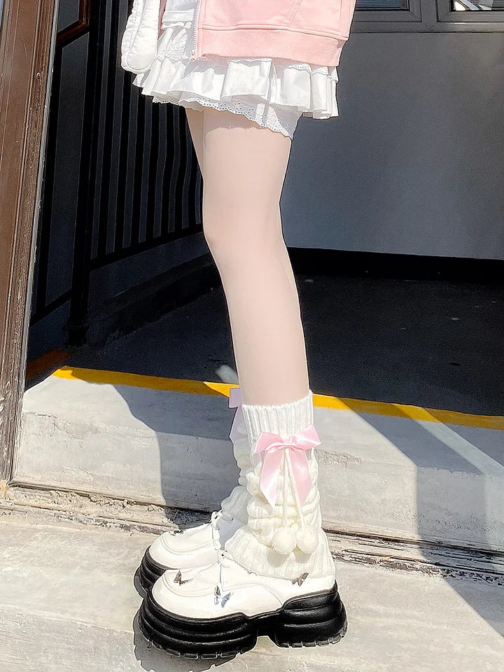 Lolita Stockings White Japanese Leg Thickened Pink Bow Stacked Socks Accessories