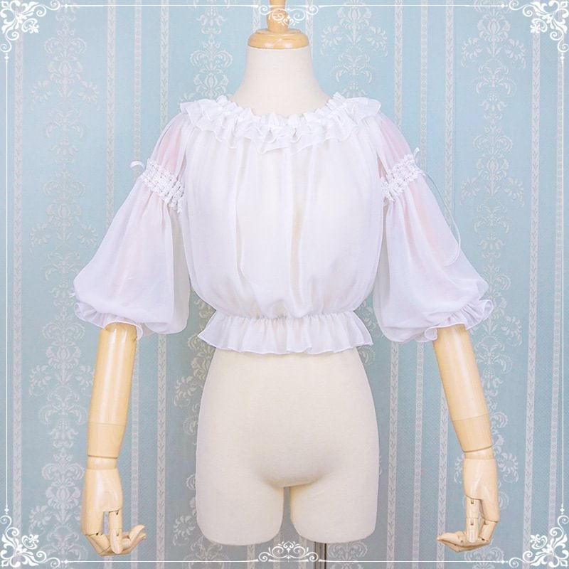 Lolita White Chiffon Sweet Spring and Summer Fungus Edge Shirt Blouse