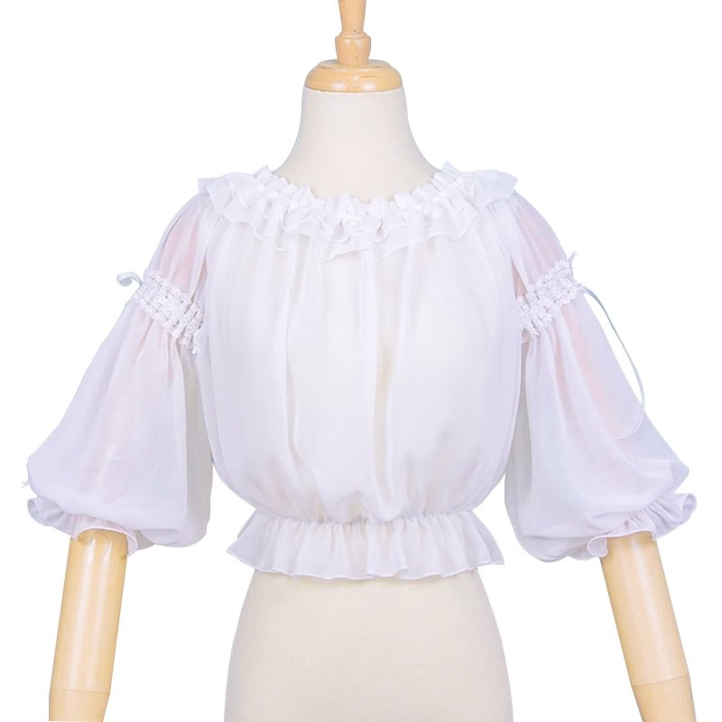 Lolita White Chiffon Sweet Spring and Summer Fungus Edge Shirt Blouse
