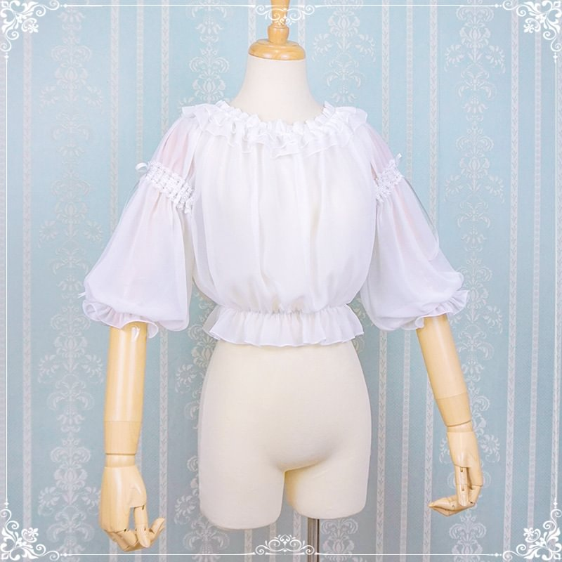 Lolita White Chiffon Sweet Spring and Summer Fungus Edge Shirt Blouse