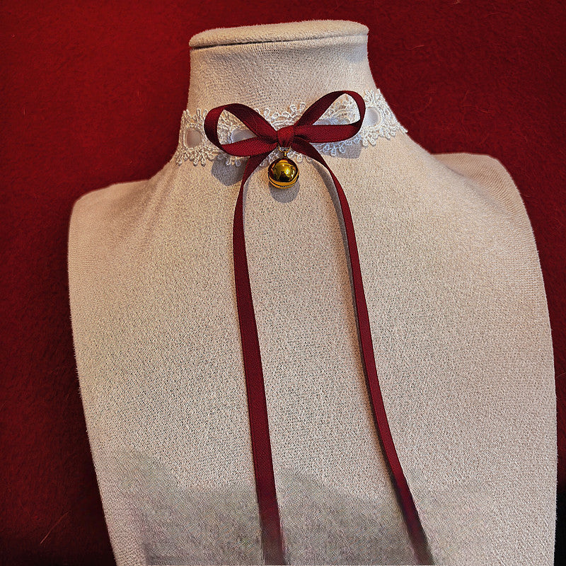 Lolita White Lace Bow Collar Collarbone Chain New Year Accessories Bells Christmas Cool