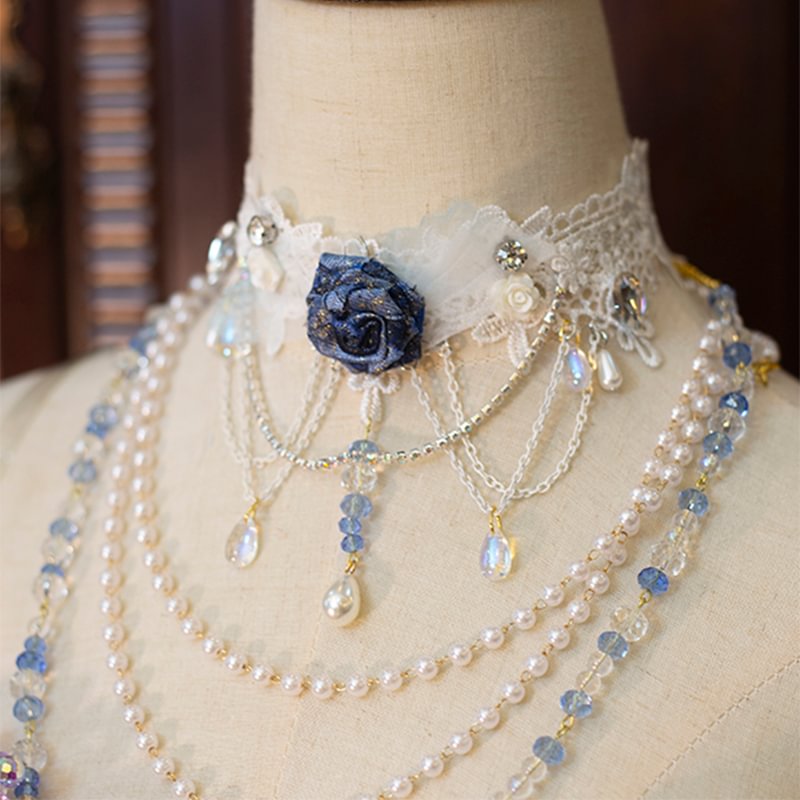 Lolita Necklace Handmade Rose Lace Choker Pearl Crystal Lolita Accessories