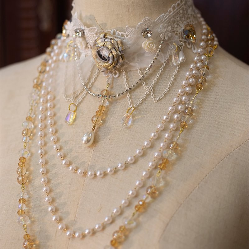 Lolita Necklace Handmade Rose Lace Choker Pearl Crystal Lolita Accessories