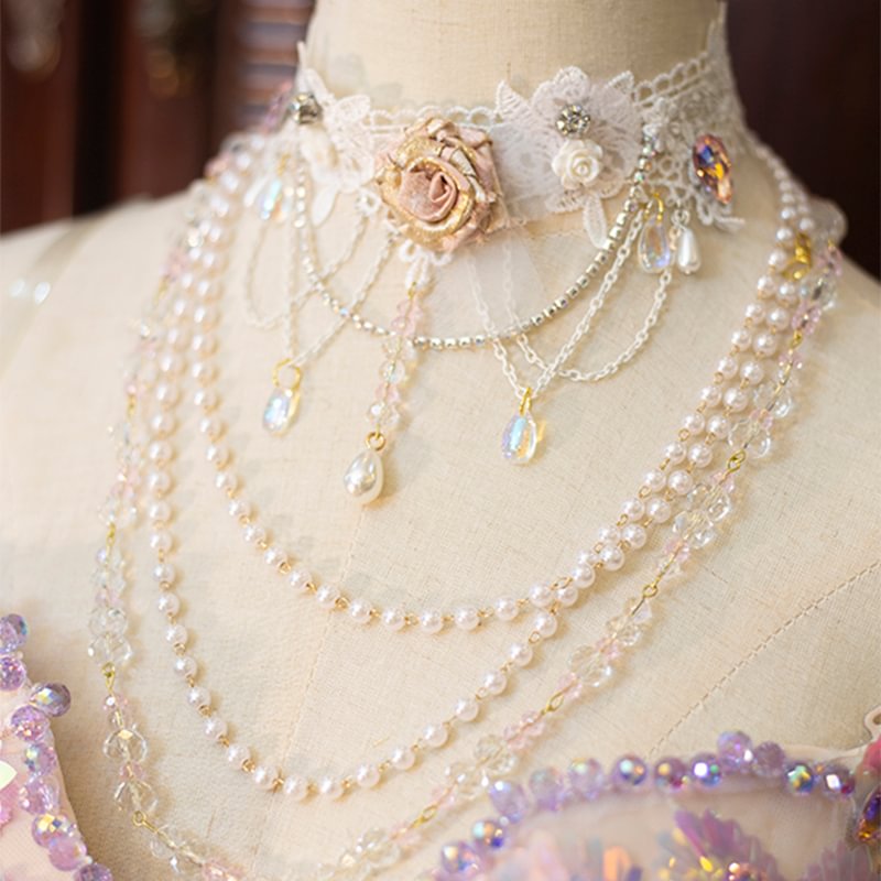 Lolita Necklace Handmade Rose Lace Choker Pearl Crystal Lolita Accessories