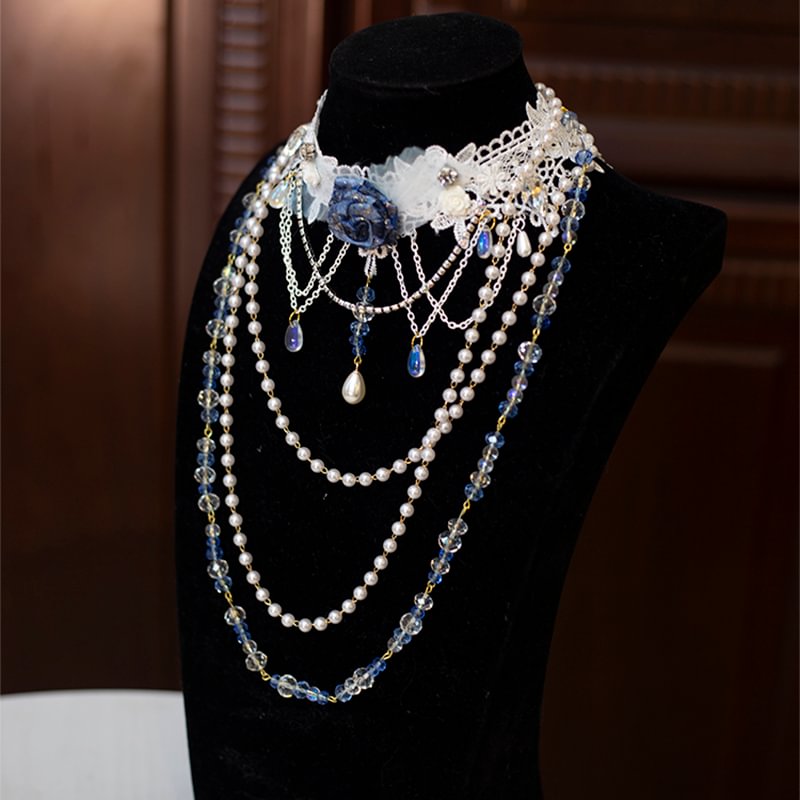 Lolita Necklace Handmade Rose Lace Choker Pearl Crystal Lolita Accessories