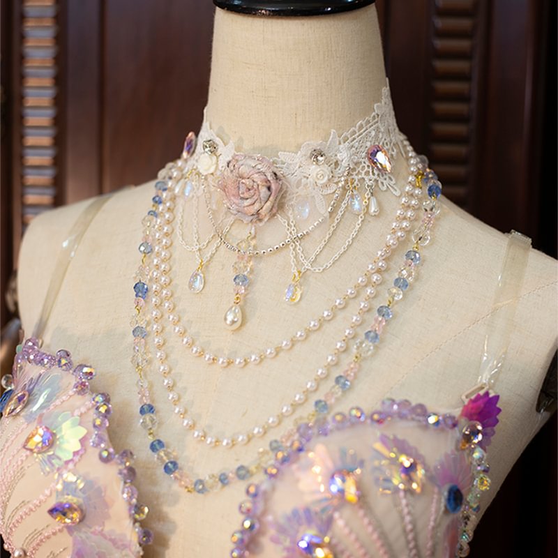 Lolita Necklace Handmade Rose Lace Choker Pearl Crystal Lolita Accessories
