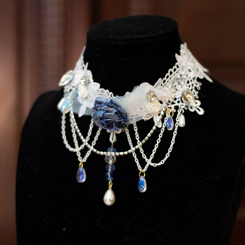 Lolita Necklace Handmade Rose Lace Choker Pearl Crystal Lolita Accessories