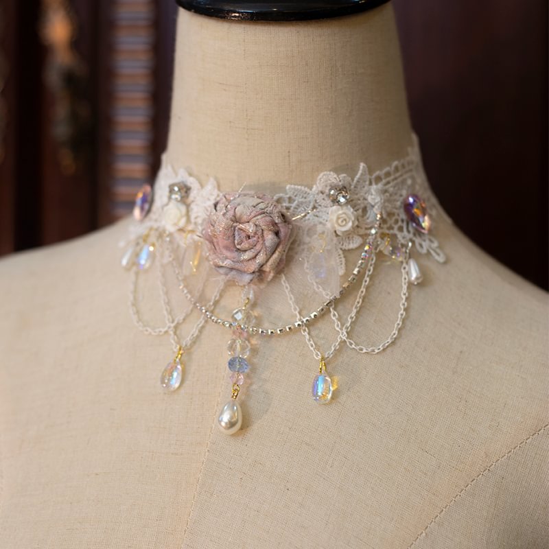 Lolita Necklace Handmade Rose Lace Choker Pearl Crystal Lolita Accessories