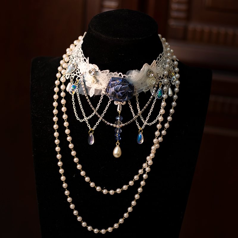 Lolita Necklace Handmade Rose Lace Choker Pearl Crystal Lolita Accessories