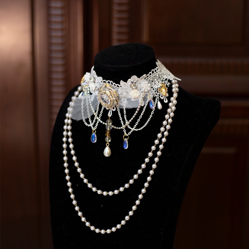 Lolita Necklace Handmade Rose Lace Choker Pearl Crystal Lolita Accessories