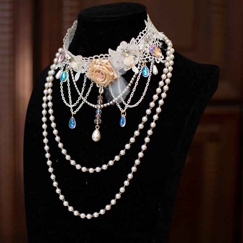 Lolita Necklace Handmade Rose Lace Choker Pearl Crystal Lolita Accessories
